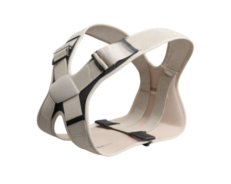 Cream-colored, adjustable back brace with black accents