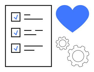 Checklist with checkmarks, blue heart symbol, and two gear icons suggesting productivity, organization, and teamwork. Ideal for project planning, workflow, support, success management and simple