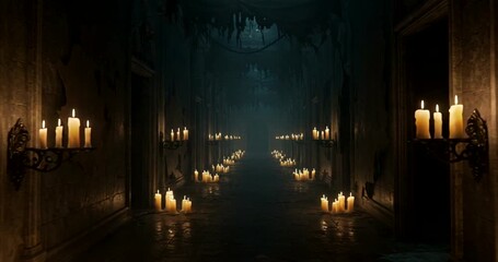 Dimly lit corridor with candles creating eerie ambiance - Powered by Adobe