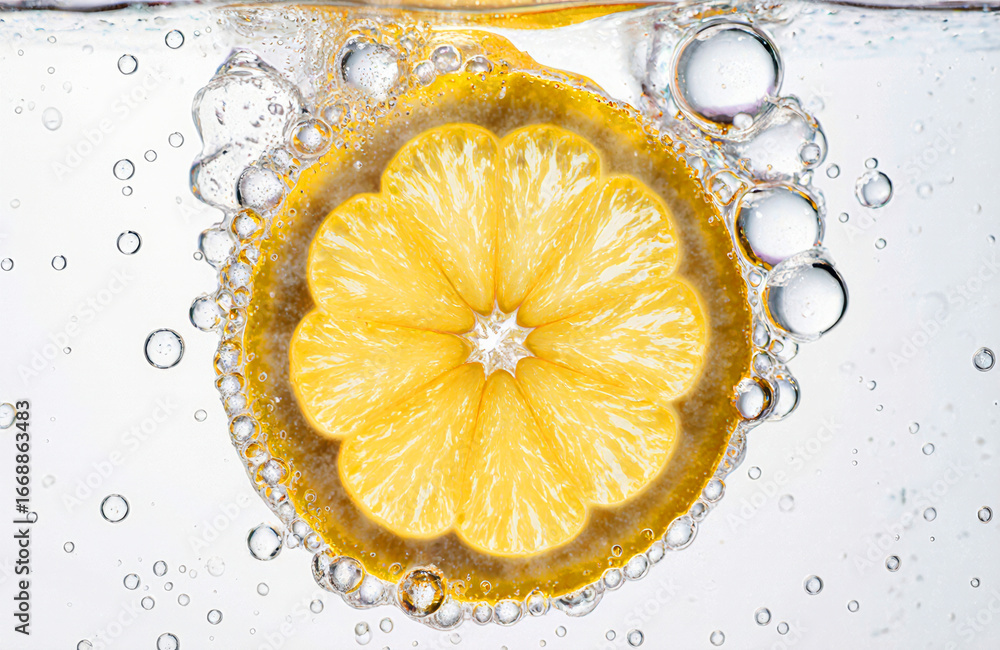 Poster lemon slice submerged in water with bubbles creating a fresh and vibrant visual effect