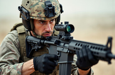 Fototapeta premium Soldier aiming rifle with scope in military uniform and helmet on outdoor battlefield