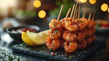Spiced shrimp skewers on a slate board