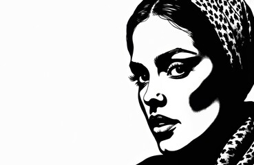 Woman with bold makeup and patterned headscarf looking sideways in black and white style