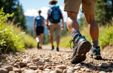 Fototapeta premium Hikers walking on rocky trail in forest during daytime