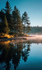 Obraz premium Misty lake sunrise with reflections of trees
