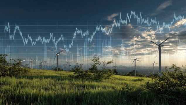 Wind turbines on a grassy hilltop at sunset, overlaid with a fluctuating stock market graph depicting renewable energy investment growth