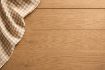 Checkered Kitchen Cloth on Light Wooden Tabletop Background for Recipe Mockups and Food Photography