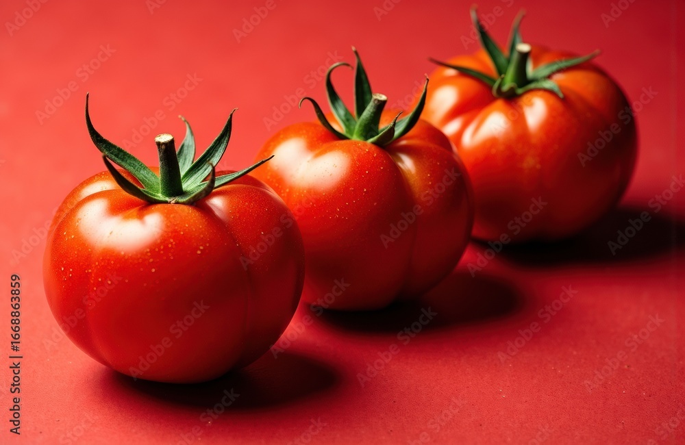 Poster fresh ripe tomatoes with green stems arranged in a row on a red background