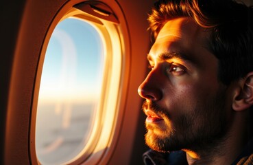 A man looks out of an airplane window during a flight at sunset