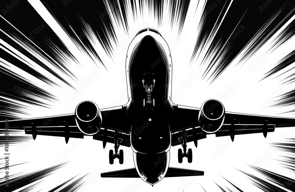 Poster futuristic airplane flying towards viewer with dynamic motion lines in black and white