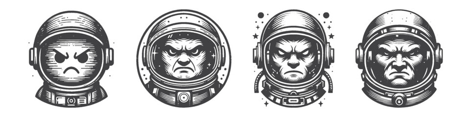 Obraz premium Vintage Hand-Drawn Astronaut with Angry Face Illustration, Space Explorer Engraved Vector for Sci-Fi and T-Shirt Design