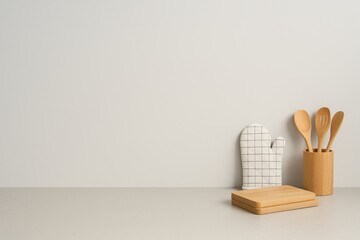 Minimal White Kitchen Background with Wooden Cutting Boards for Clean Cooking Scenes and Product Mockups
