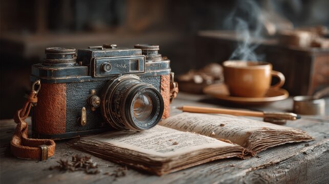 A vintage camera sits on a table next to a cup of coffee and a pen. Concept of nostalgia and the idea of capturing memories