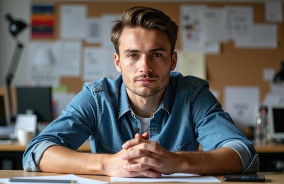 Man sitting at desk with hands clasped in a modern office environment