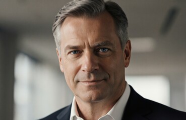 Confident middle-aged man in formal business attire smiling in an office setting