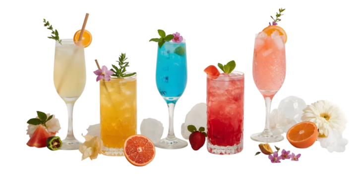 Color Infusion: Five tantalizing cocktails, each a burst of vibrant hues and exotic flavors, are artfully arranged with fresh fruit and delicate garnishes, a feast for the eyes and the palate.