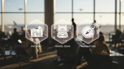 Airport scene with packing travel gear and navigation icons overlaid on blurred background view of people - Powered by Adobe