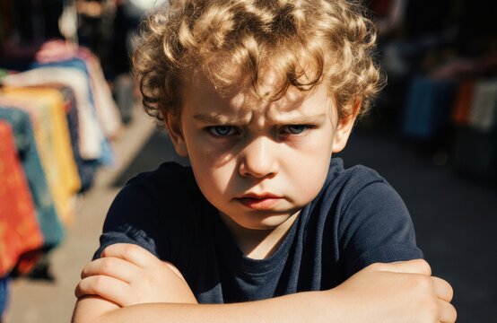 A young boy with curly hair looks angry and upset with crossed arms outdoors on a sunny day