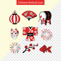 Collection of chinese new year festival icons in red and white colors doodles style icon set