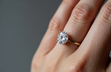 Woman wearing a gold ring with a large, sparkling diamond on her finger
