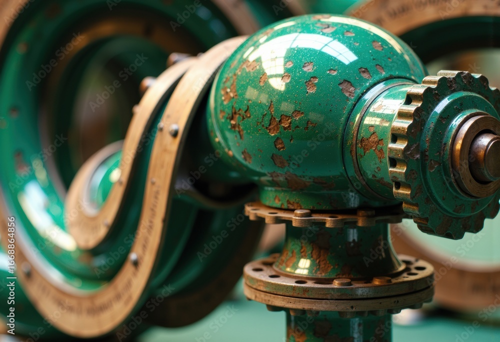 Poster a close-up of an industrial machine part with a weathered green surface and rust spots