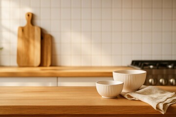 Modern Kitchen Counter with White Tile Backsplash Background for Clean Cooking Scenes