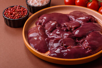 Raw fresh chicken or turkey liver, internal offal of poultry. Raw chicken liver