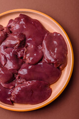Raw fresh chicken or turkey liver, internal offal of poultry. Raw chicken liver