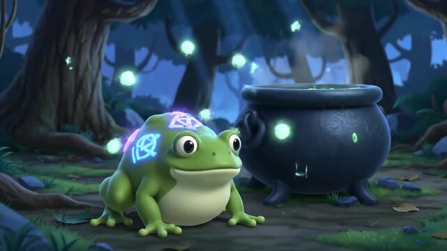 Glowing green potion bubbling in a mystical cauldron surrounded by ancient trees in a dark magical forest scene