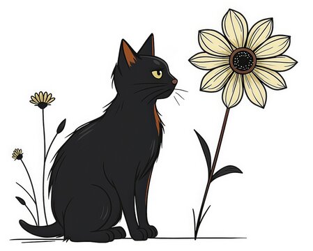 ,Minimal illustration of a seated black cat next to a tall daisy in a vase; clean, friendly composition