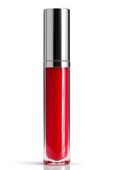 Sleek red lip gloss bottle with silver cap isolated on white. Perfect for fashion and cosmetic mockups, beauty product branding, or online store visuals.