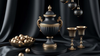 Elegant Black and Gold Decorative Still Life Arrangement with Ornate Urn