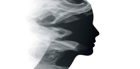Side silhouette filled with grey rising smoke. Visual representation of mental strain, worry, and emotional burnout.