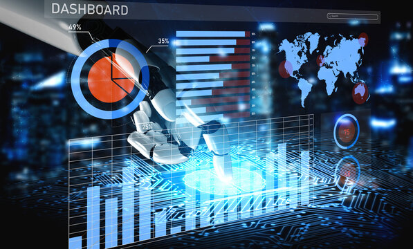 A futuristic dashboard featuring an AI interface that analyzes and visualizes data in a high-tech environment, showcasing advanced technology and analytics. Impute