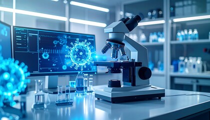 Futuristic lab scene with microscope and digital displays