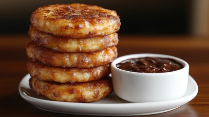Stack of golden brown, crispy cheese pancakes on a white plate with chocolate sauce
