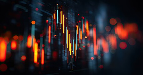 Abstract data visualization with glowing, vertical bars in orange, yellow, and teal, set against a dark background with blurred red lights