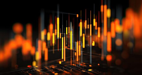 Abstract 3D rendering of glowing orange and yellow vertical bars forming a dynamic graph against a dark background, suggesting data visualization or market trends
