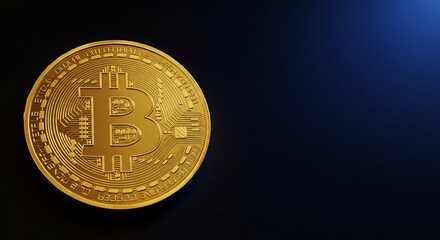 Golden Bitcoin Cryptocurrency Coin on Dark Blue Background.