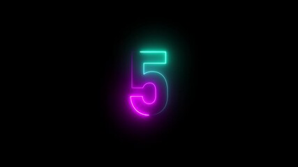 Neon glowing digital countdown timer, futuristic number animation from 0 to 5 seconds, luminous blue and pink glowing numbers on dark background for modern video design - Powered by Adobe