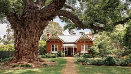 Rustic red brick cottage under large tree canopy