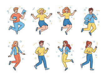 Fototapeta premium Happy cartoon people in colorful clothes. Several people in different poses and happy faces.