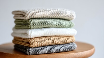 Three neatly folded sweaters in soft pastel colors rest on a wooden stool, enhancing the cozy ambiance of the room with plants nearby