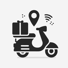 Black And White Illustration of Scooter with Delivery Box and Location Icon
