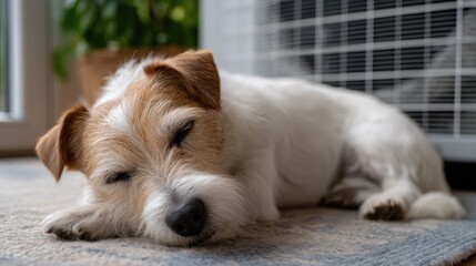 A small dog is resting comfortably on a plush carpet in a cozy indoor environment, enjoying a quiet moment of sleep