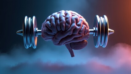 A 3d digital illustration of a strong human brain in the form of a dumbbell with heavy weights on both sides against a blue and orange background with fog. The concept of mental strength 