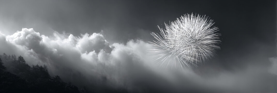 Monochrome Fireworks above Foggy Hills — Minimal Header with Copy Space