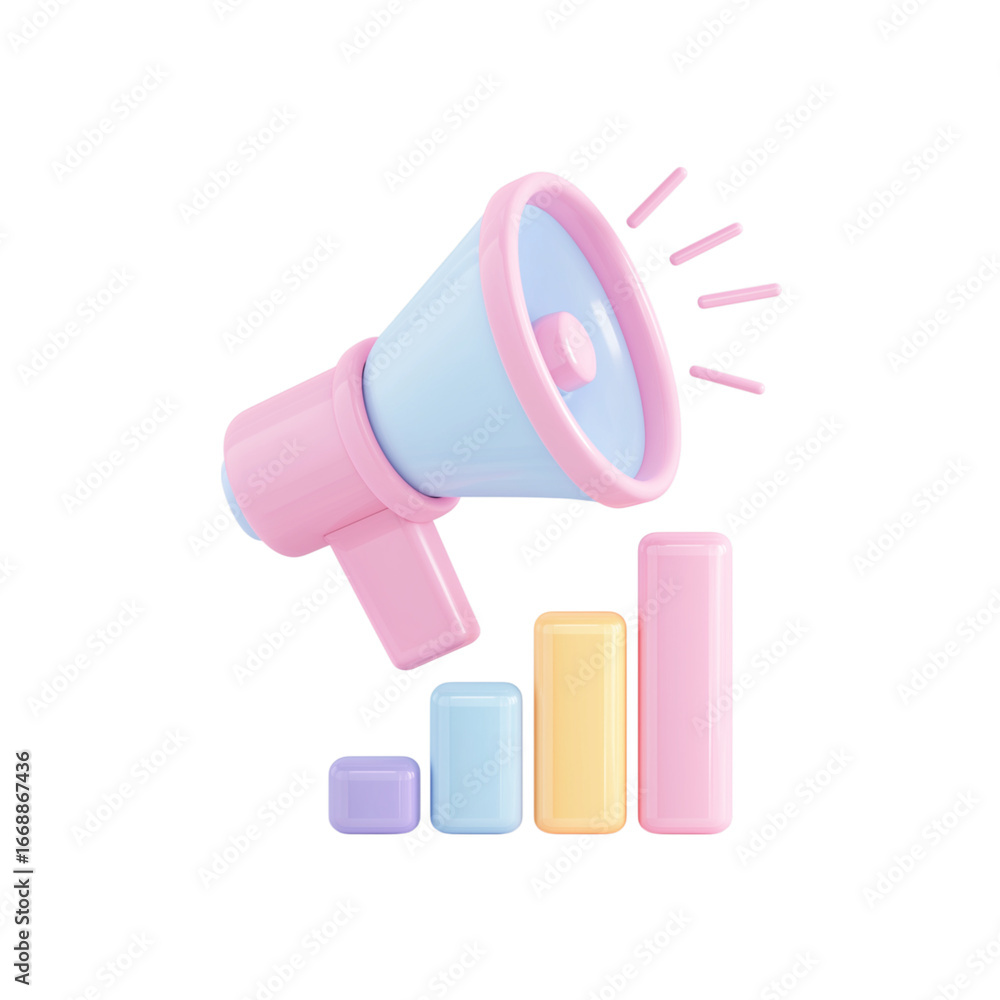 Poster pink and blue megaphone with colorful bar graph isolated on transparent background