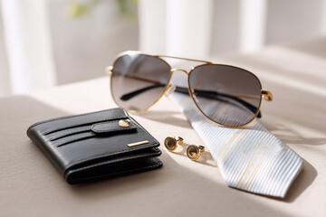 Contemporary men's fashion essentials display contemporary cufflinks and silk tie contemporary pieces artistic composition contemporary style refined aesthetic
