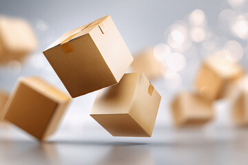 E-commerce velocity shown through flying boxes, velocity representing next-day delivery promise, velocity emphasized by smooth aerodynamic surfaces